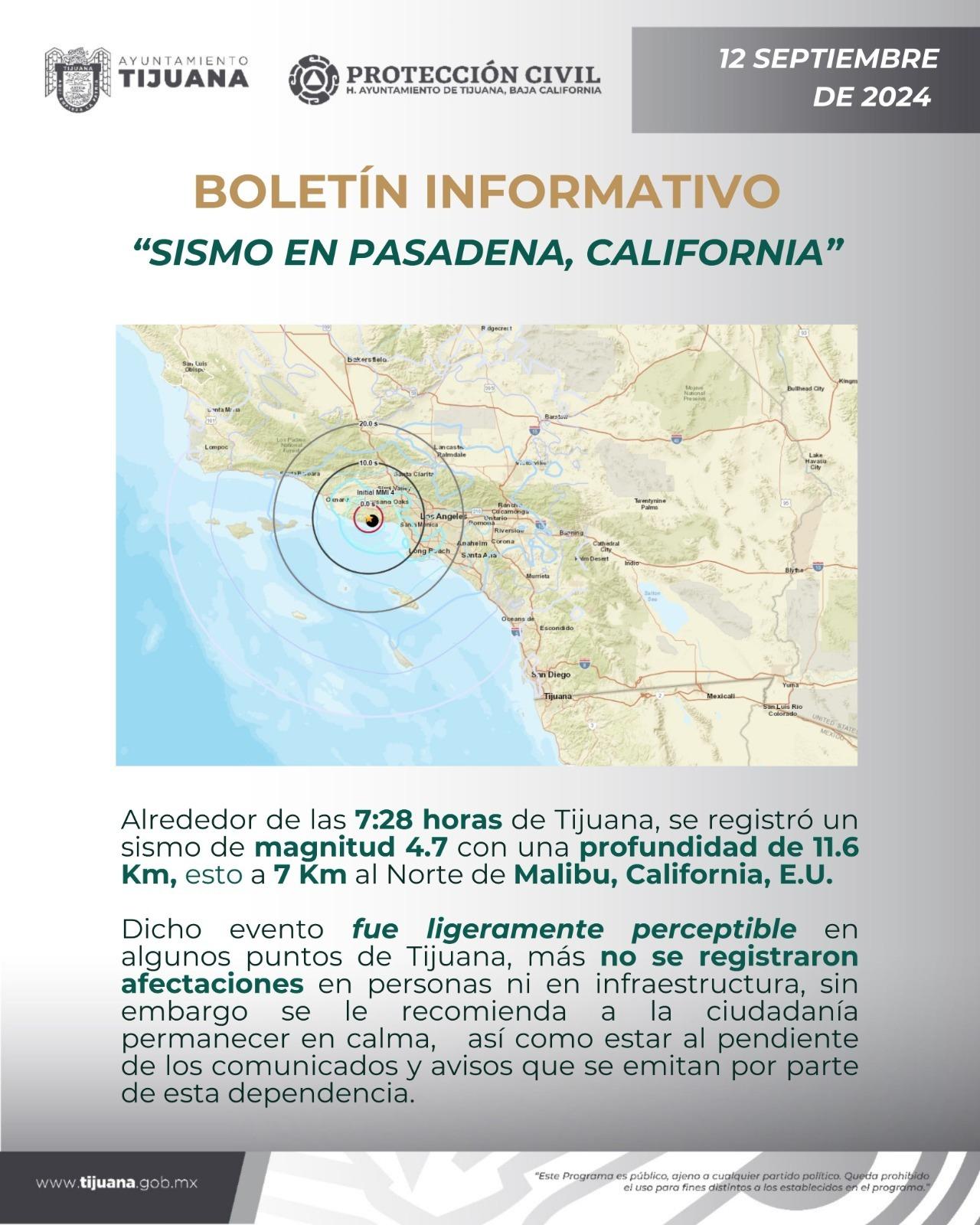 Sin afectaciones en Tijuana por sismo en Malibú, California: Protección Civil