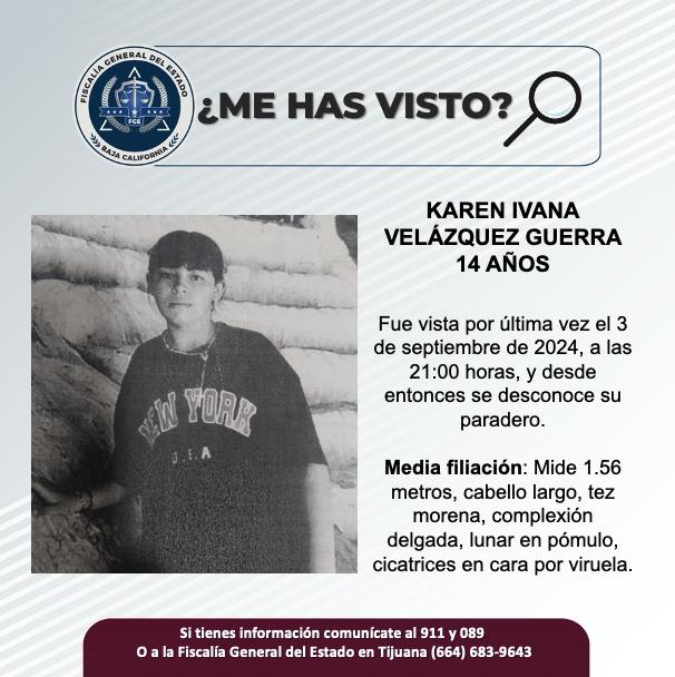 Servicio social: Se busca a Karen Ivana Velázquez Guerra de 14 años de edad