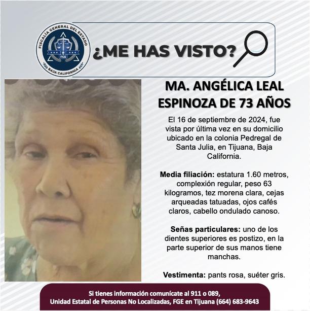 Servicio social: Se busca a Ma. Angélica Leal Espinoza de 73 años de edad