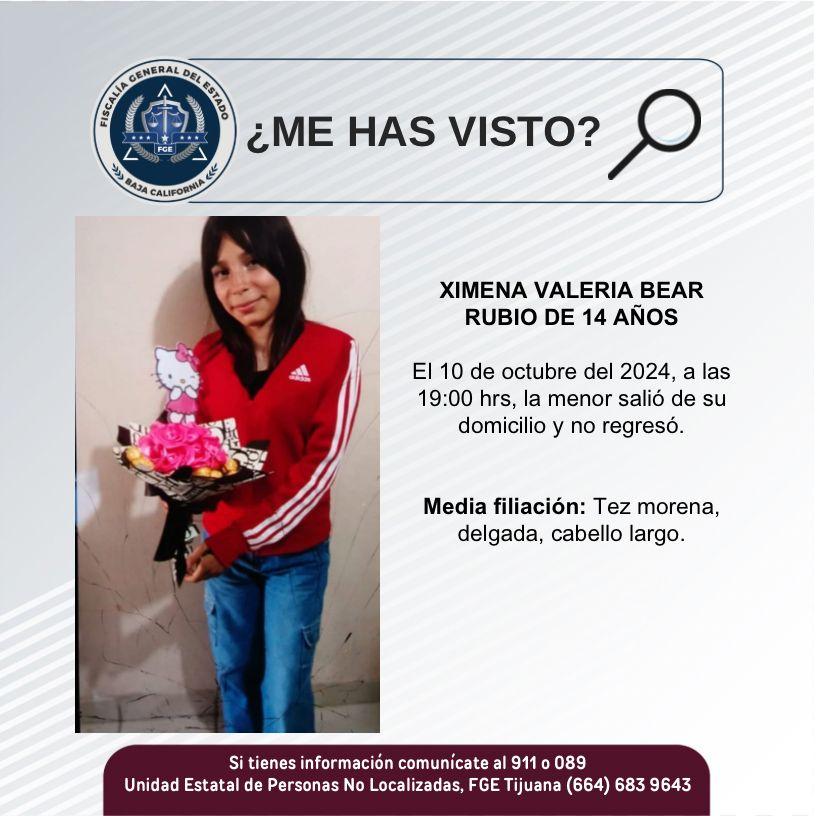 Servicio social: Se busca a Ximena Valeria Bear Rubio de 14 años