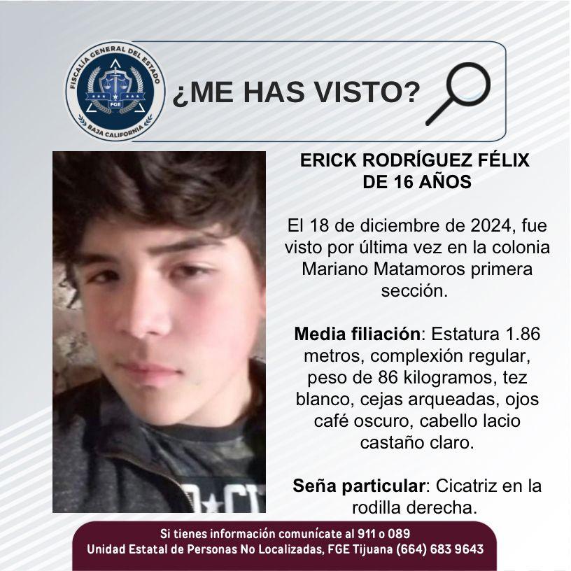 Servicio social: Se busca a Erick Rodríguez Félix de 16 años de edad