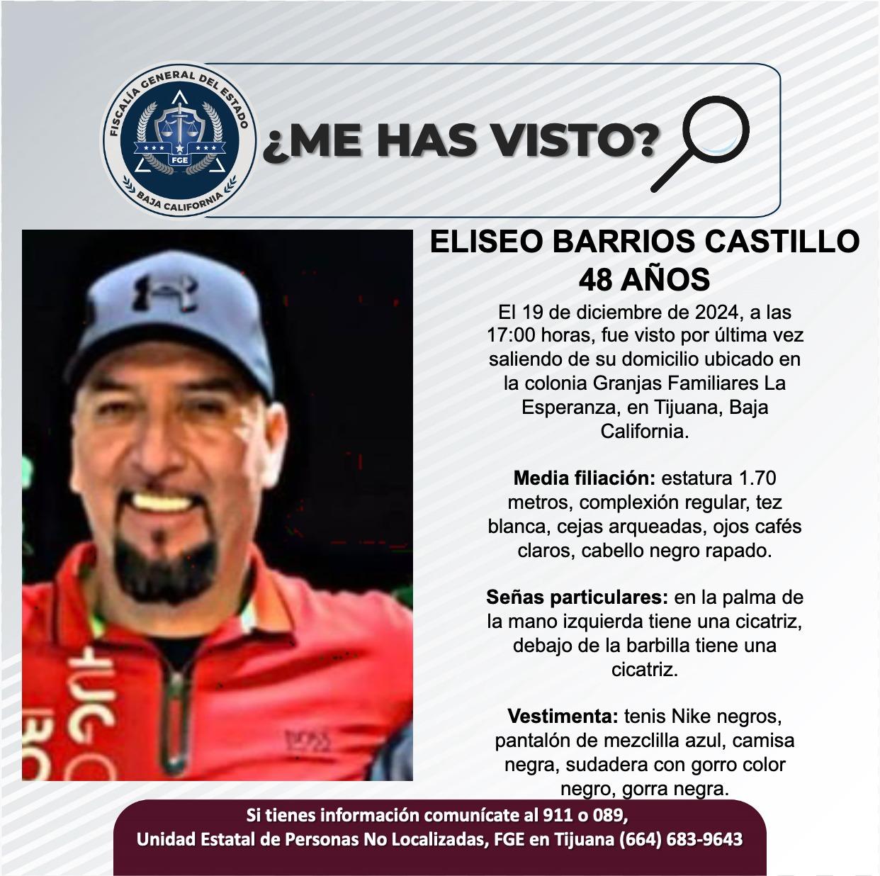 Servicio social: Se busca a Eliseo Barrios Castillo de 48 años de edad