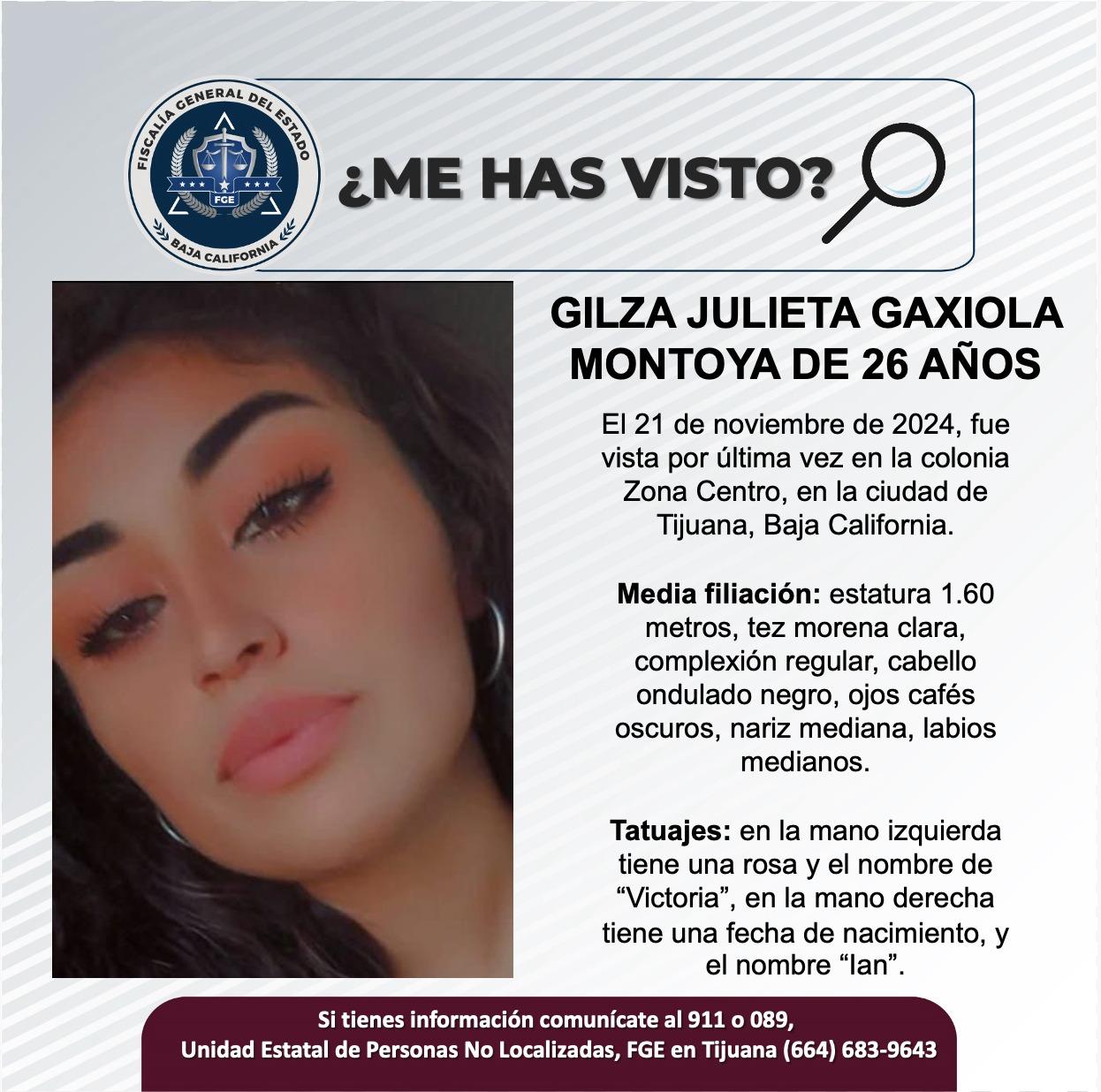 Servicio social: Se busca a Gilza Julieta Gaxiola Montoya de 26 años de edad