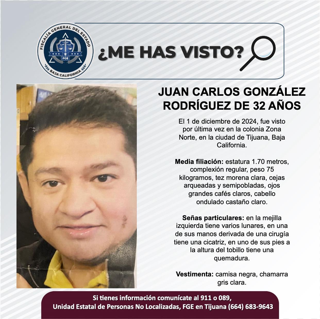 Servicio social: Se busca a Juan Carlos González rodríguez de 32 años de edad