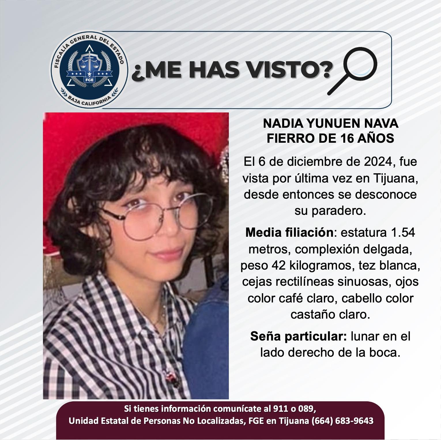 Servicio social: Se busca a Nadia Yunuen Nava Fierro de 16 años de edad