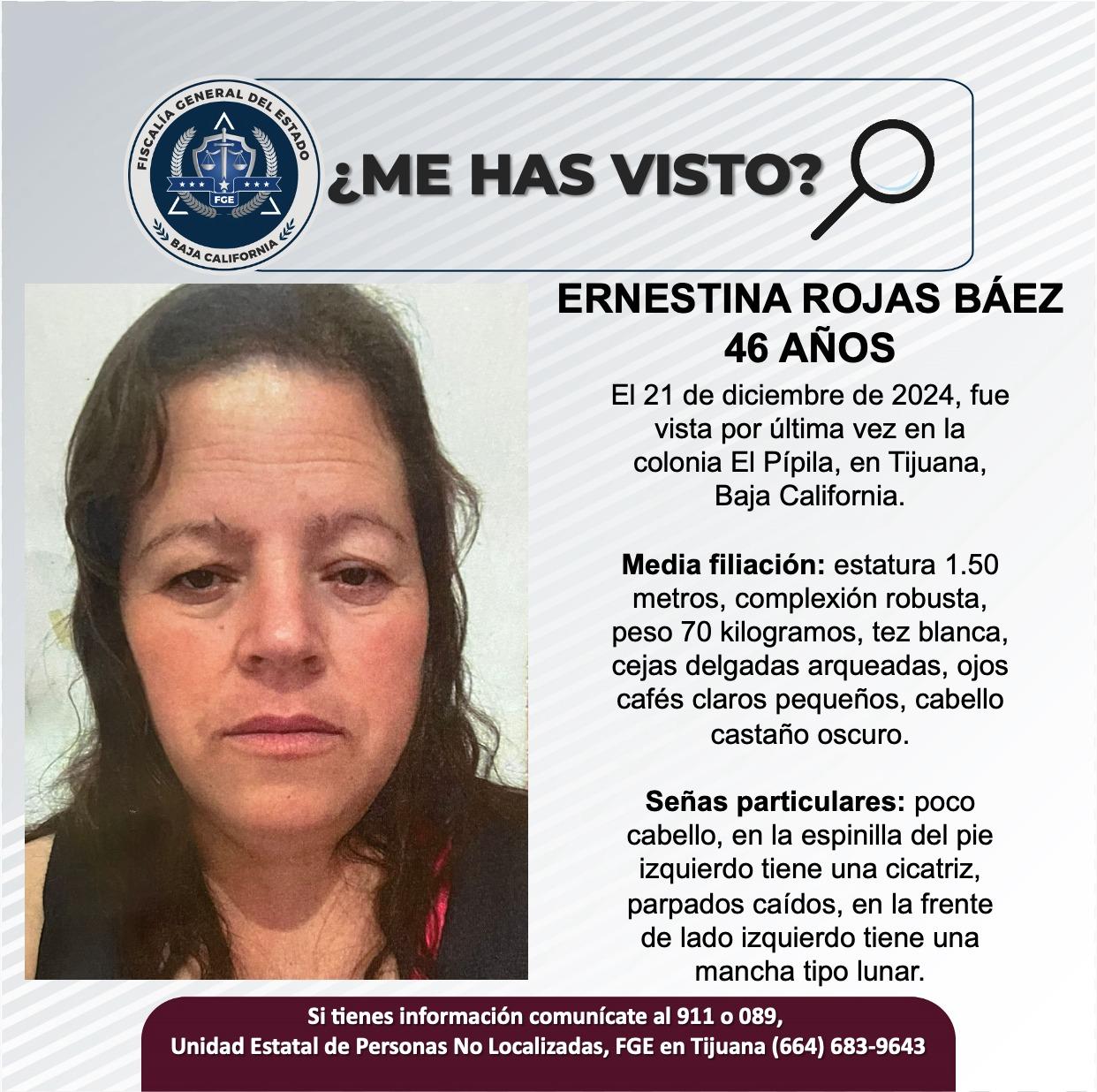 Servicio social: Se busca a Ernestina Rojas Báez de 46 años de edad