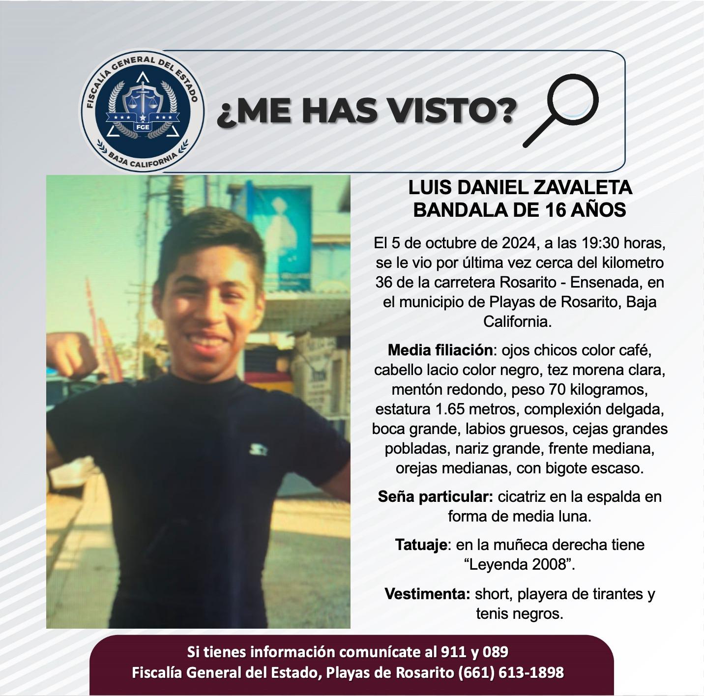 Servicio social: Se busca a Luis Daniel Zavaleta Bandala de 16 años