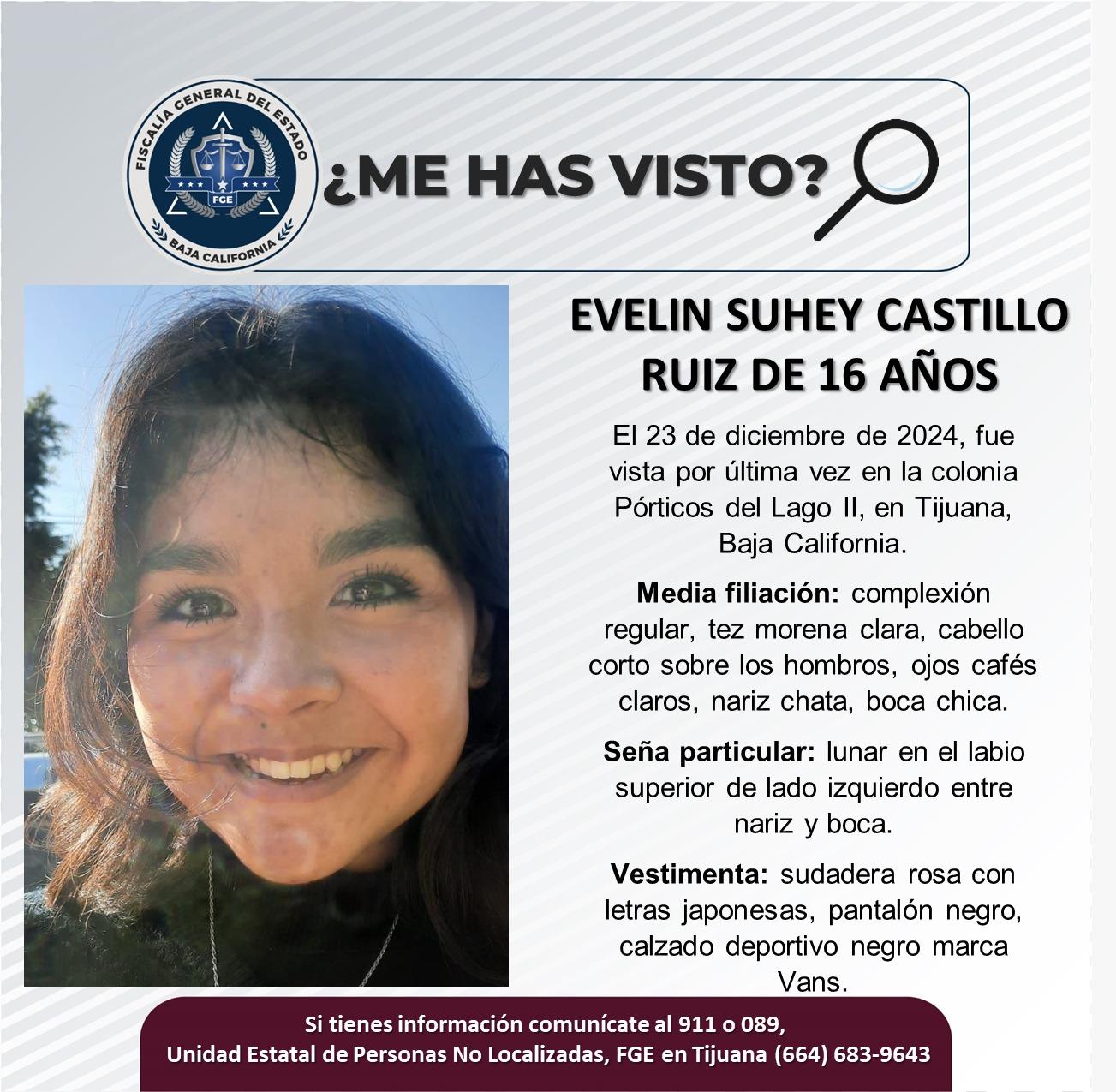 Servicio social: Se busca a Evelin Suhey Castillo Ruiz de 16 años de edad