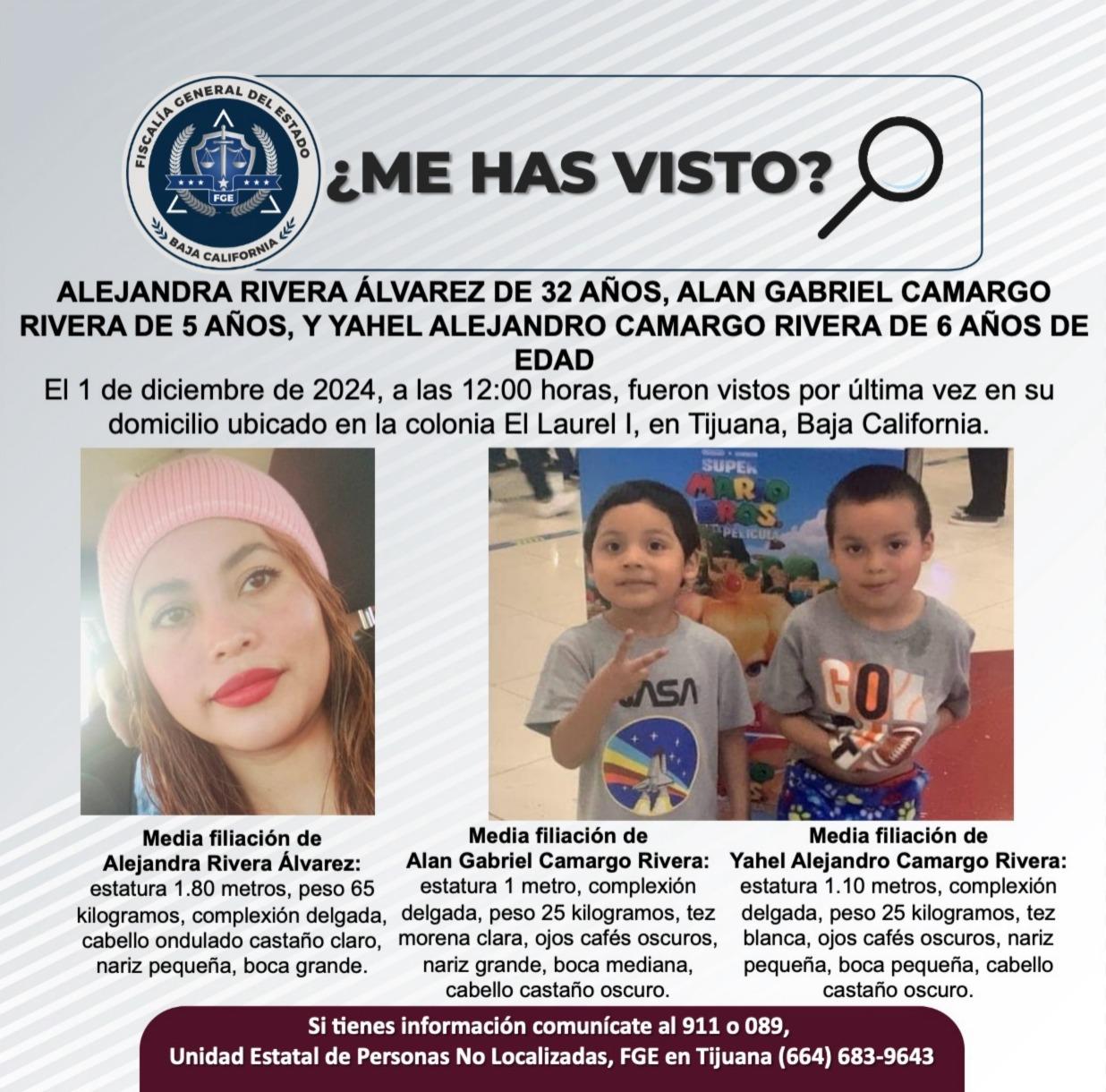 Servicio social: Se buscan a Alejandra Rivera Álvarez de 32 años, Alan Gabriel Camargo Rivera de 5 años, y Yahel Alejandro Camargo Rivera de 6 años de edad