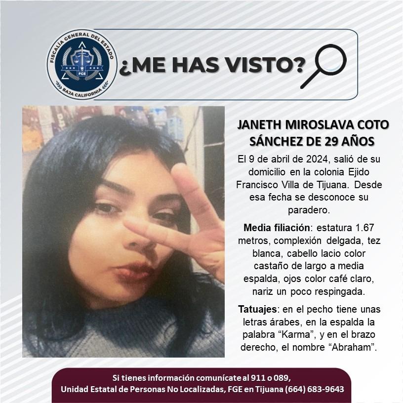 Servicio social: Se busca a Janeth Miroslava Coto Sánchez de 29 años de edad