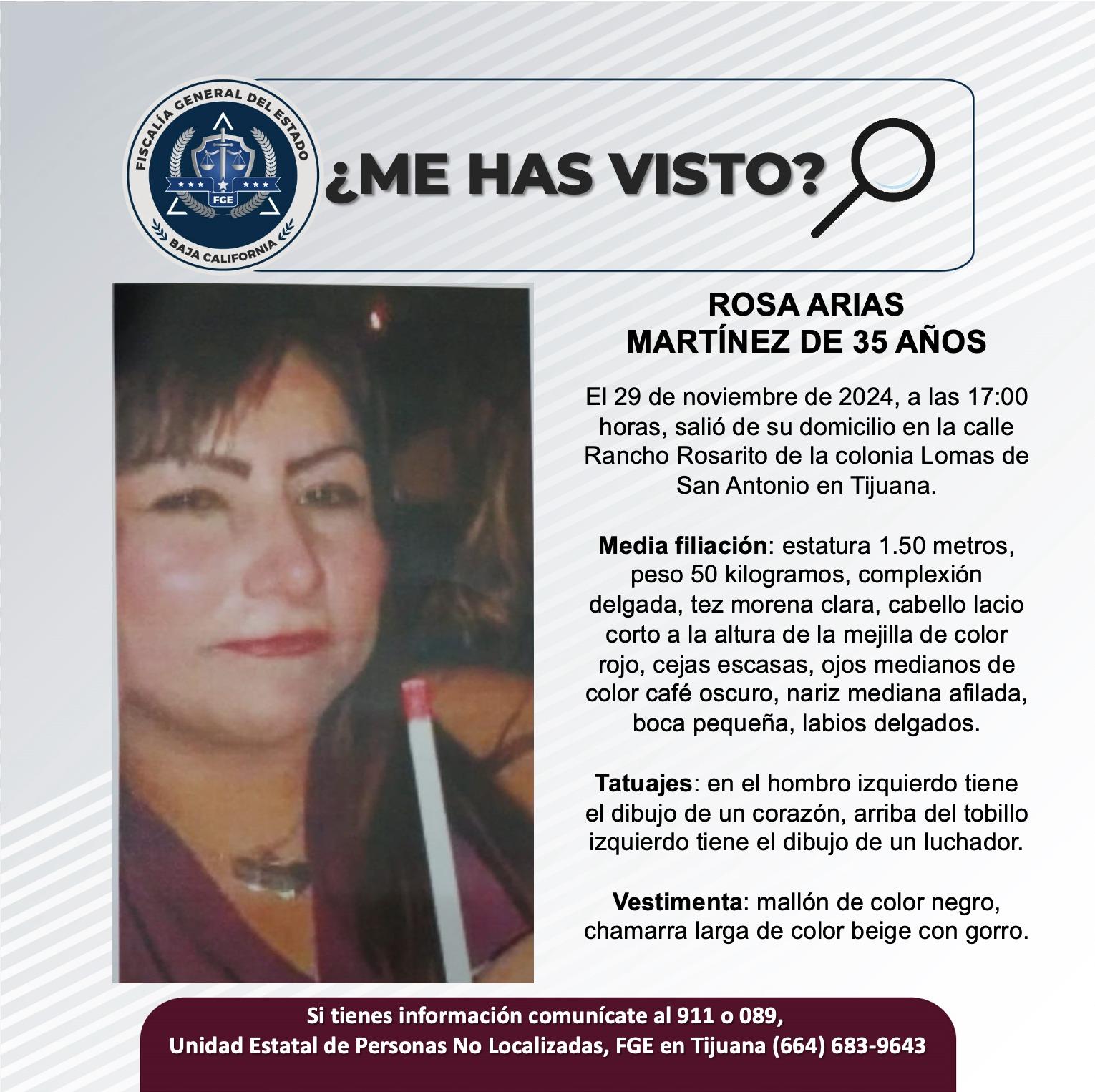 Servicio social: Se busca a Rosa Arias Martínez de 35 años de edad