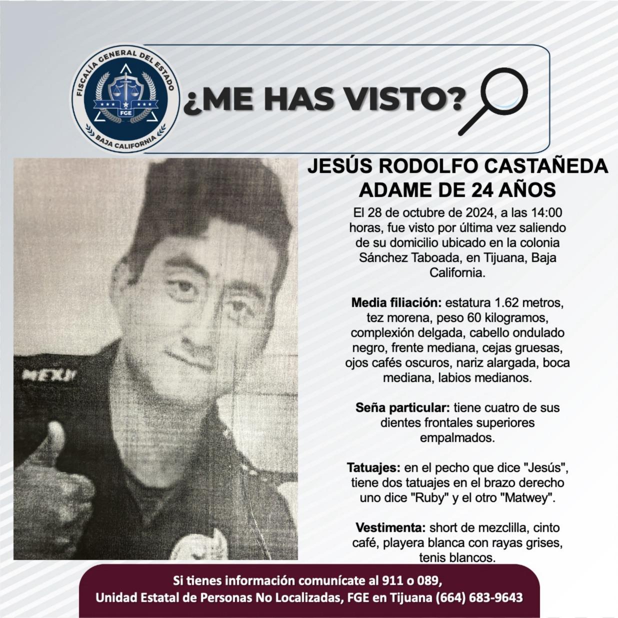 Servicio social: Se busca a Jesús Rodolfo Castañeda Adame de 24 años de edad