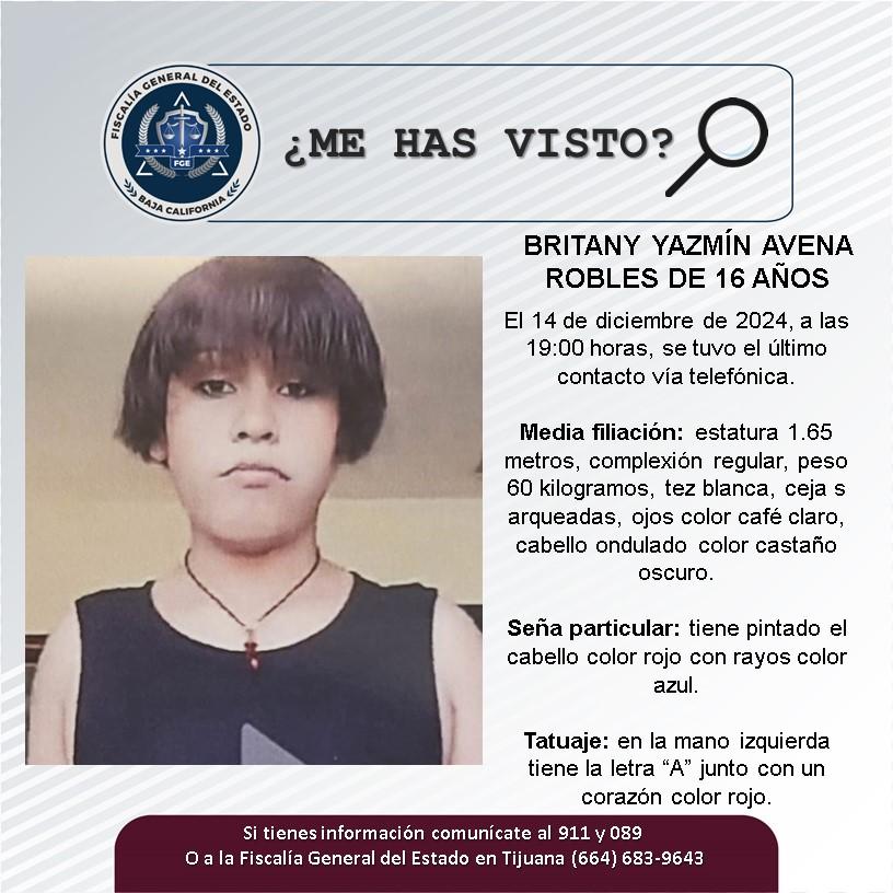 Servicio social: Se busca a Britany Yazmín Avena Robles de 16 años