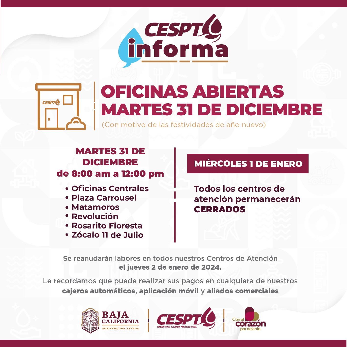 Informa CESPT sobre horario y centros de atención disponibles para el cierre del año