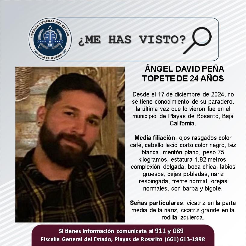 Servicio social; Se busca a Ángel David Peña Topete de 24 años de edad