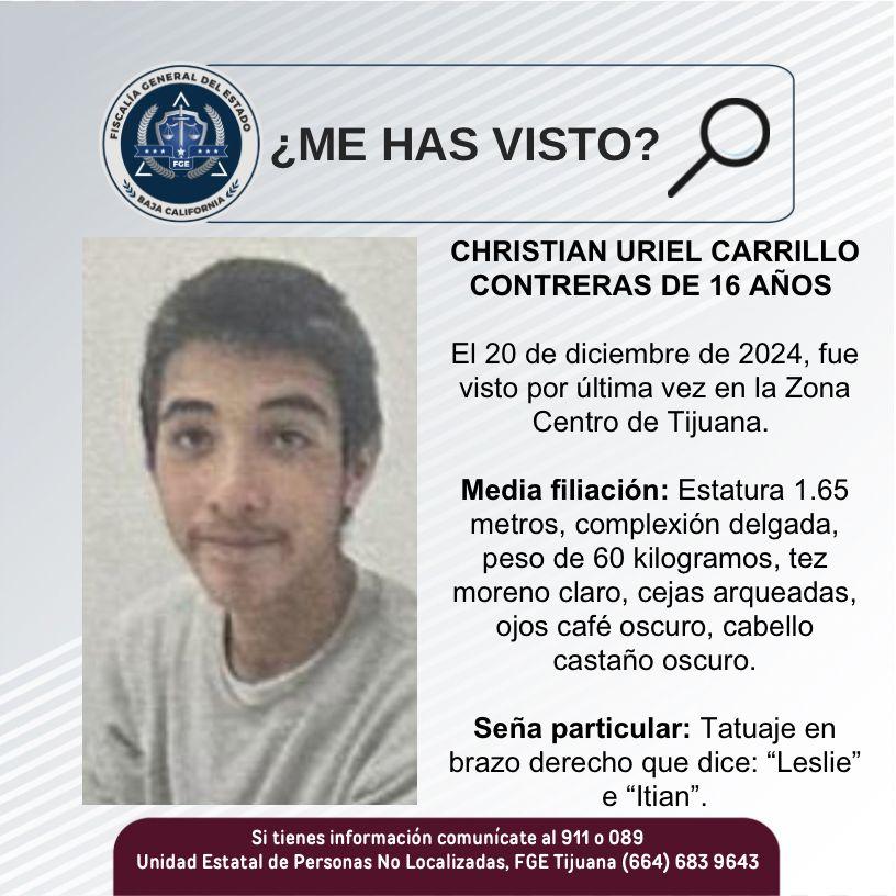 Servicio social: Se busca a Christian Uriel Carrillo Contreras de 16 años de edad