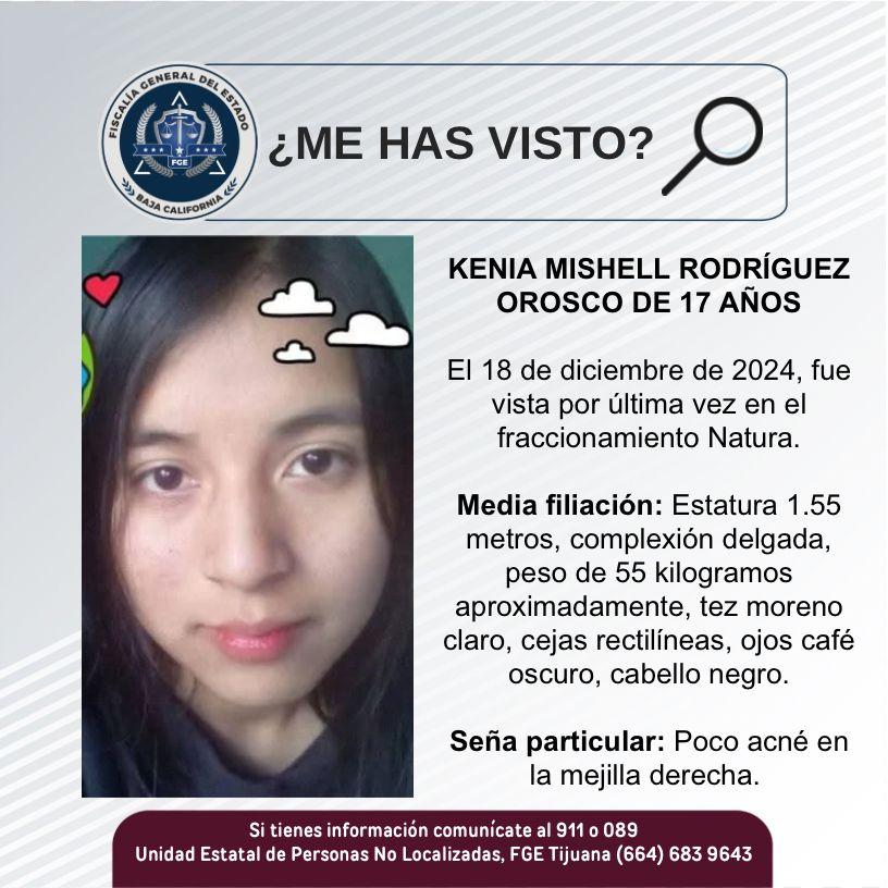 Servicio social: Se busca a Kenia Mishell Rodríguez Orosco de 17 años de edad