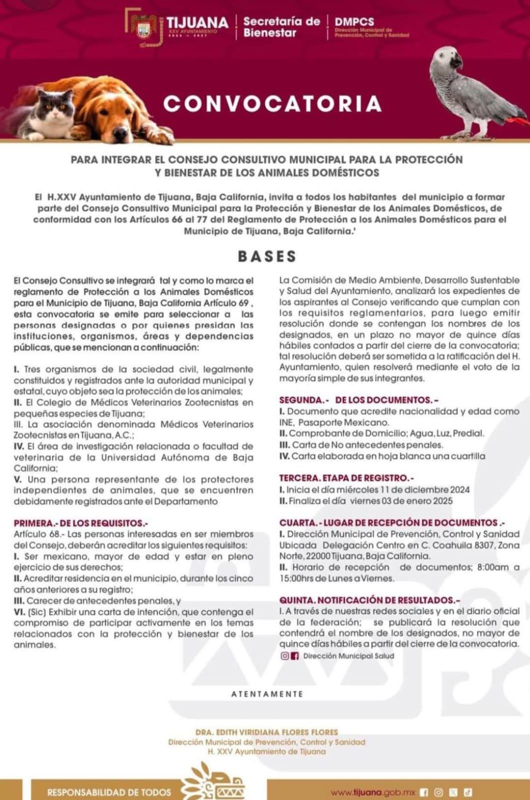 INVITAN A PARTICIPAR EN EL CONSEJO CONSULTIVO MUNICIPAL PARA LA PROTECCIÓN Y BIENESTAR DE ANIMALES DOMÉSTICOS EN TIJUANA