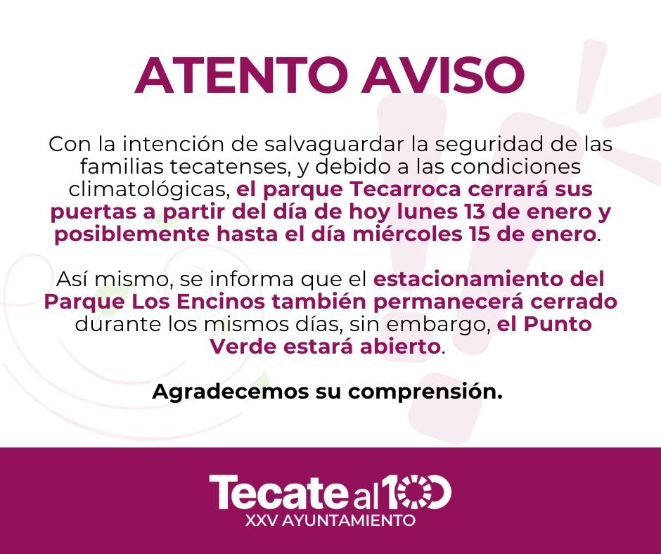 Aviso importante: cierre temporal de parque tecarroca debido a las condiciones del clima