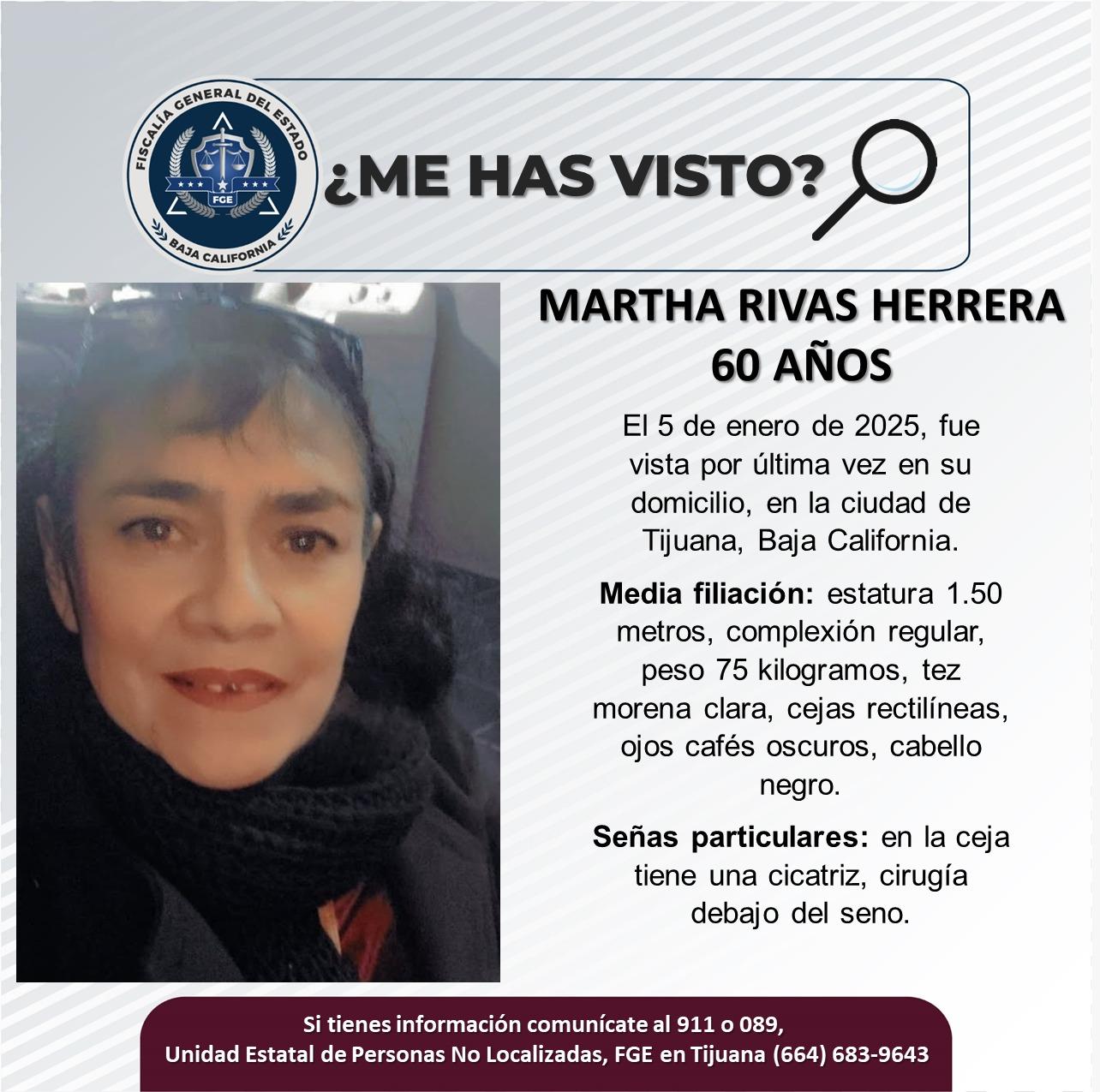 Servicio social: Se busca a Martha Rivas Herrera de 60 años de edad