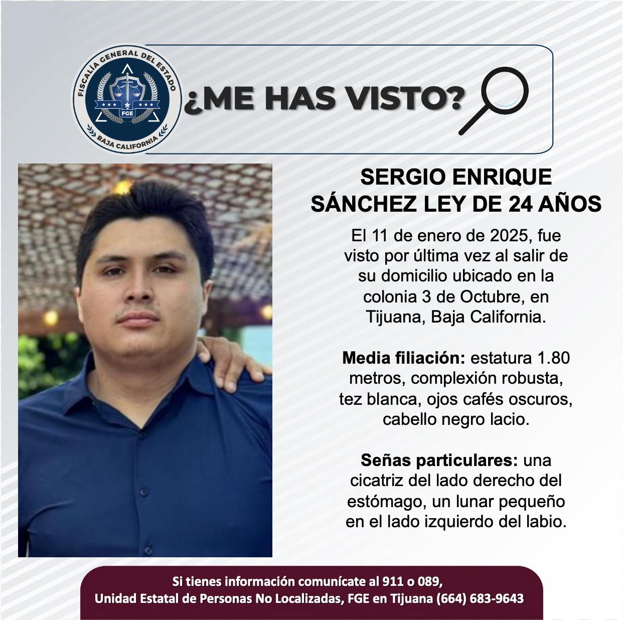 Servicio social: Se busca a Sergio Enrique Sánchez ley de 24 años de edad