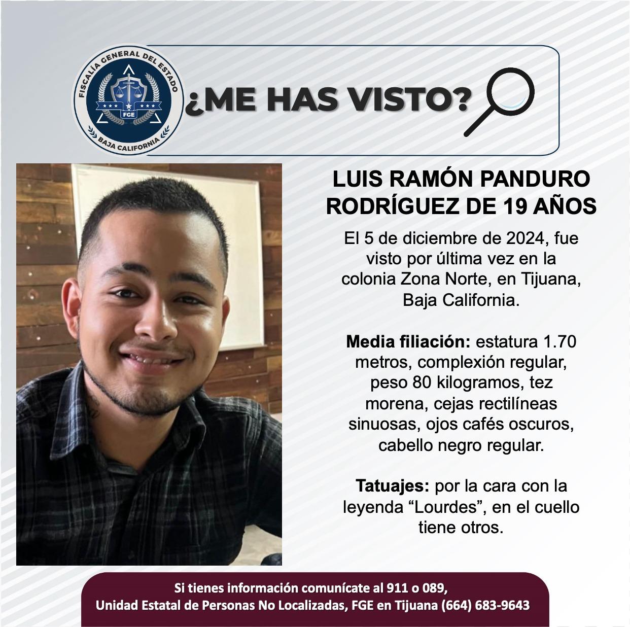 Servicio social: Se busca a Luis Ramón Panduro Rodríguez de 19 años de edad