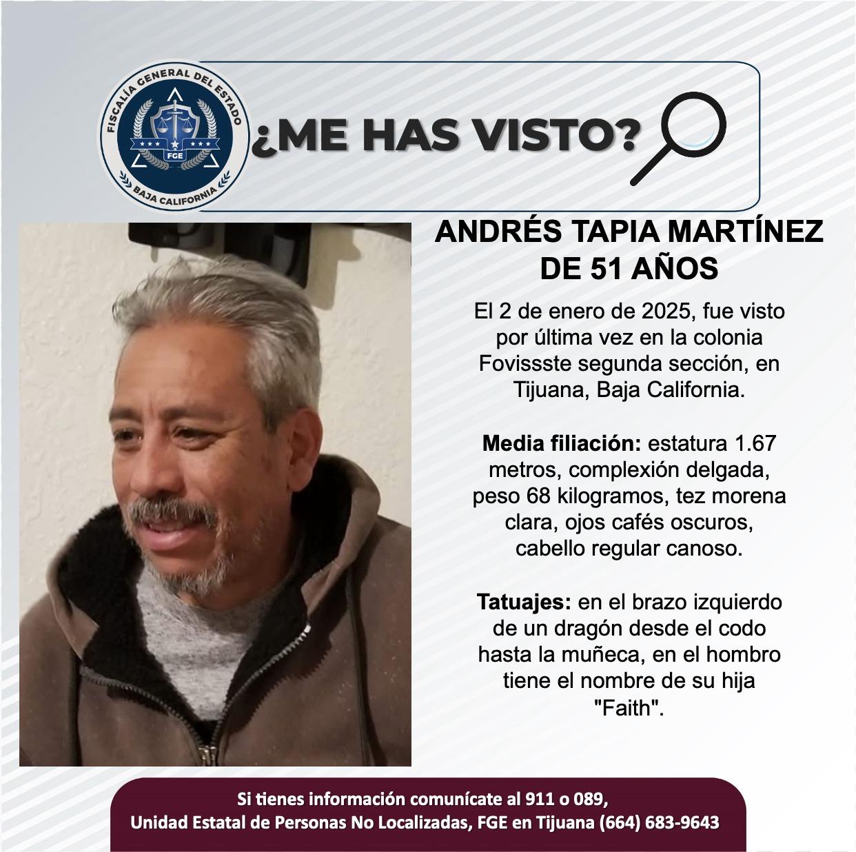 Servicio social: Se busca a Andrés Tapia Martínez de 51 años de edad