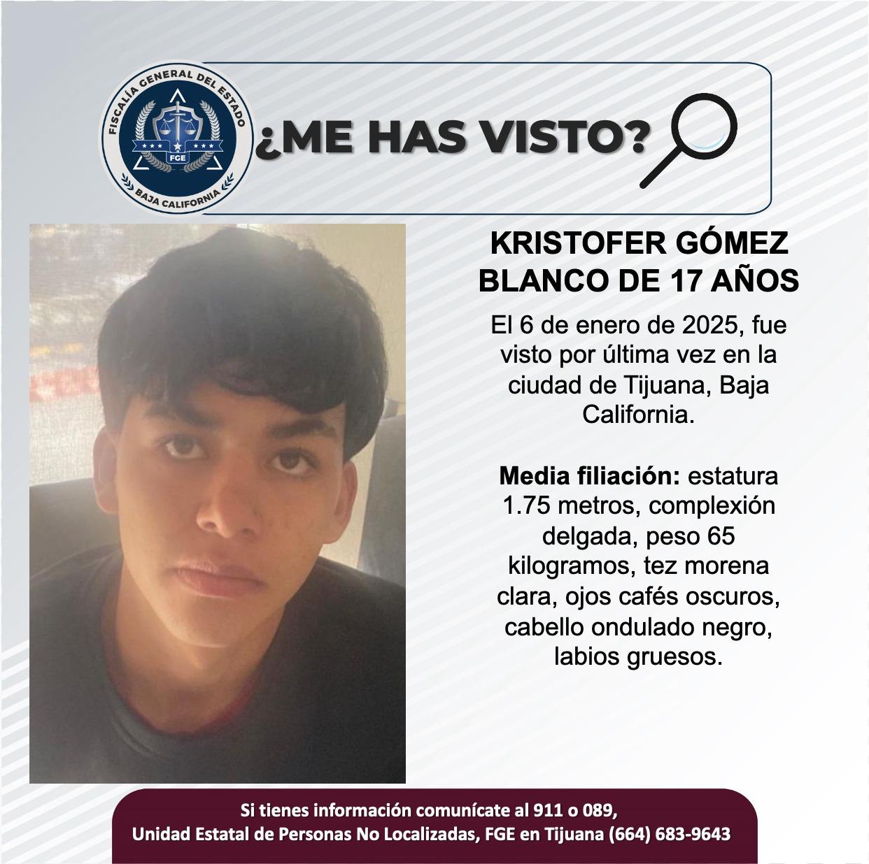 Servicio social: Se busca a Kristofer Gómez Blanco de 17 años de edad