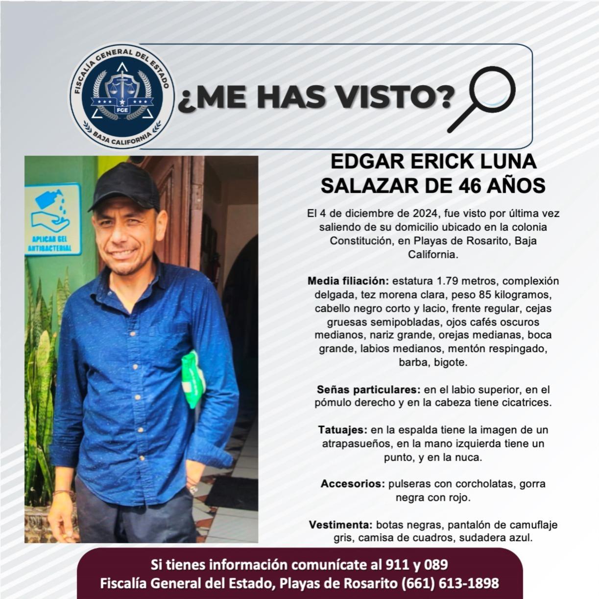 Servicio social: Se busca a Edgar Erick Luna Salazar de 46 años de edad