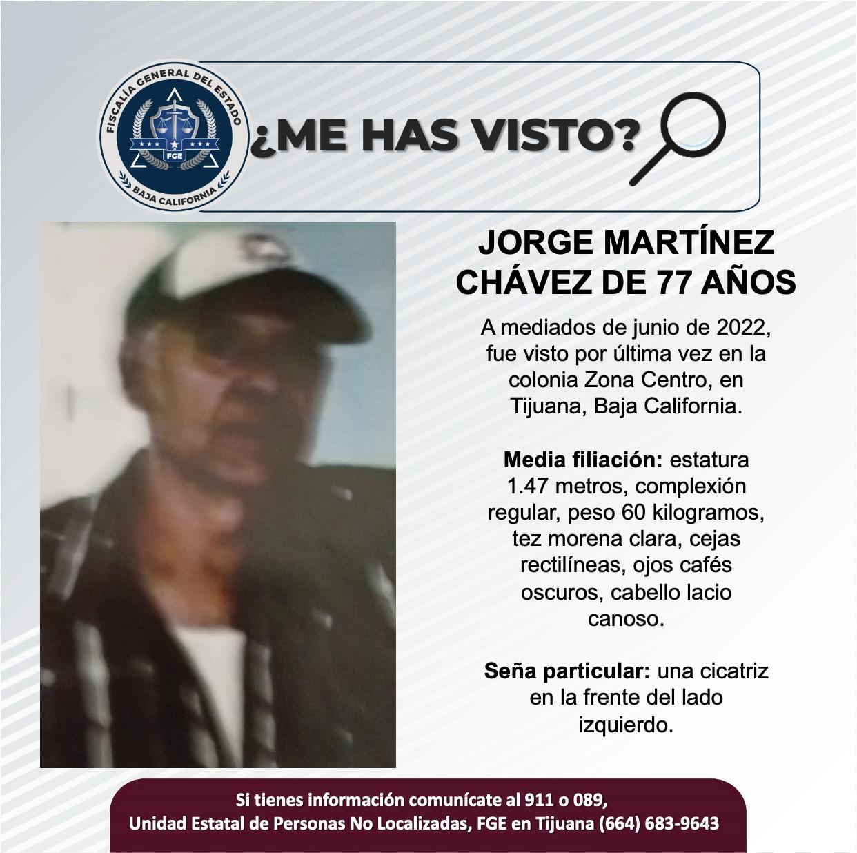 Servicio social: Se busca a Jorge Martínez Chávez de 77 años de edad.