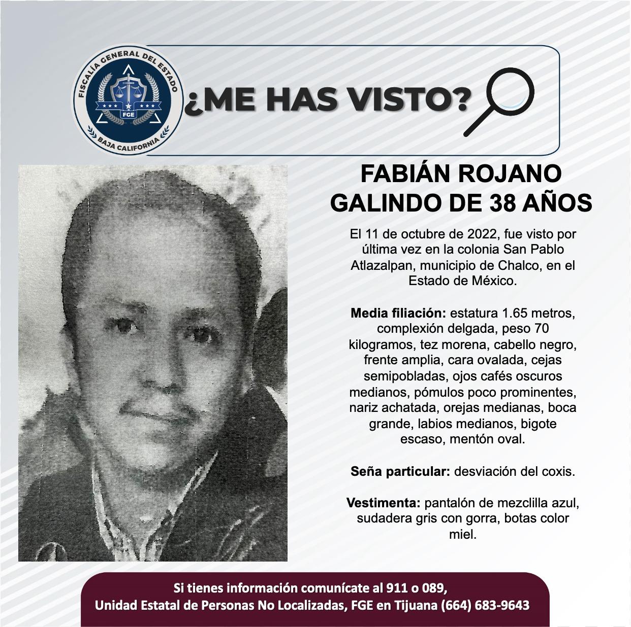 Servicio social: Se busca a Fabián Rojano Galindo de 38 años de edad.