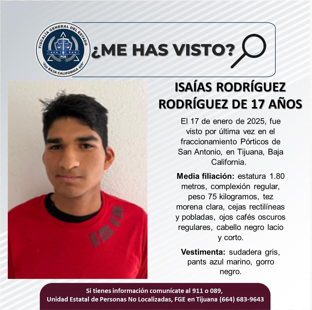 Servicio social: Se busca a Pedro Isaías Rodríguez Rodríguez de 17 años de edad