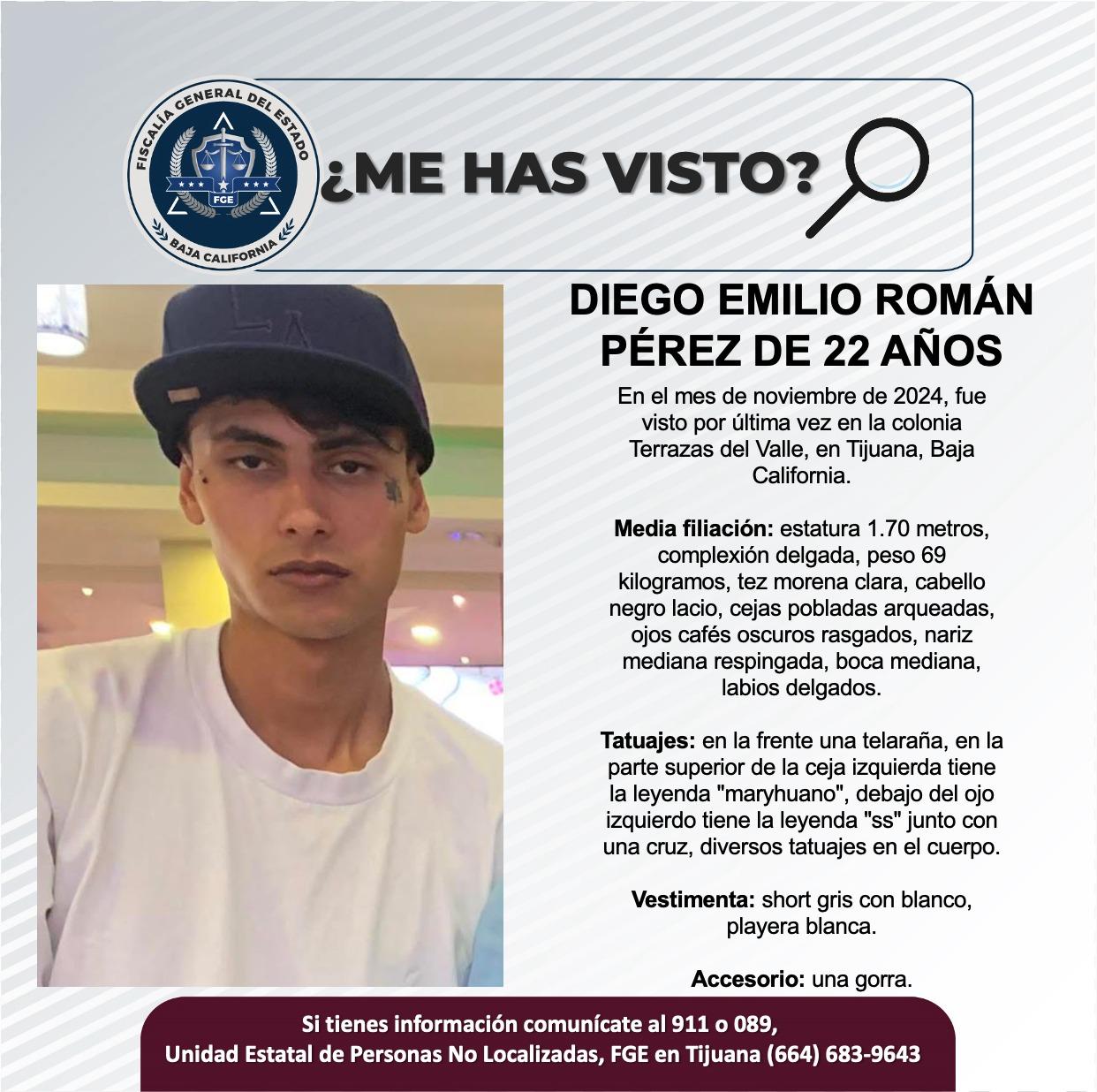 Servicio social: Se busca a Diego Emilio Román Pérez de 22 años de edad