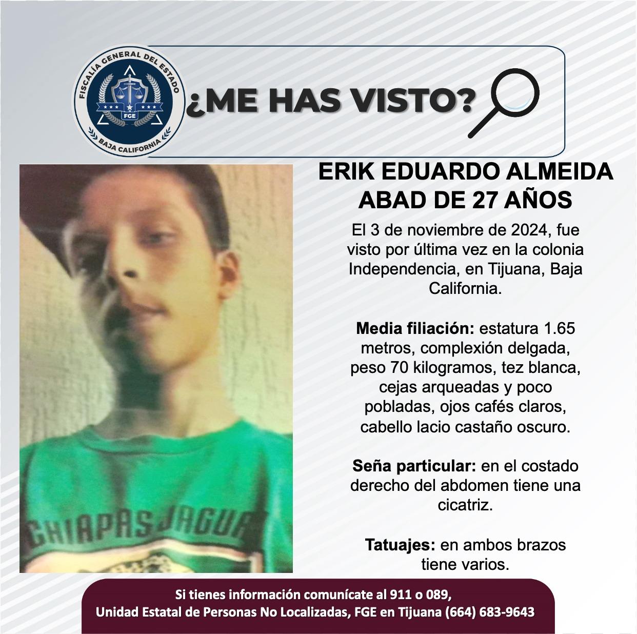 Servicio social: Se busca a Erik Eduardo Almeida Abad de 27 años de edad.