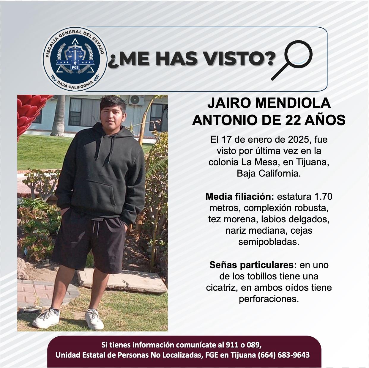 Servicio social: Se busca a Jairo Mendiola Antonio de 22 años de edad.