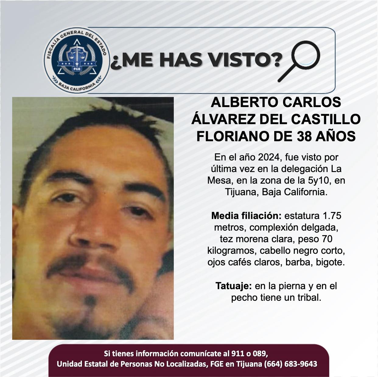 Servicio social: Se busca a Alberto Carlos Álvarez del Castillo Floriano de 38 años de edad