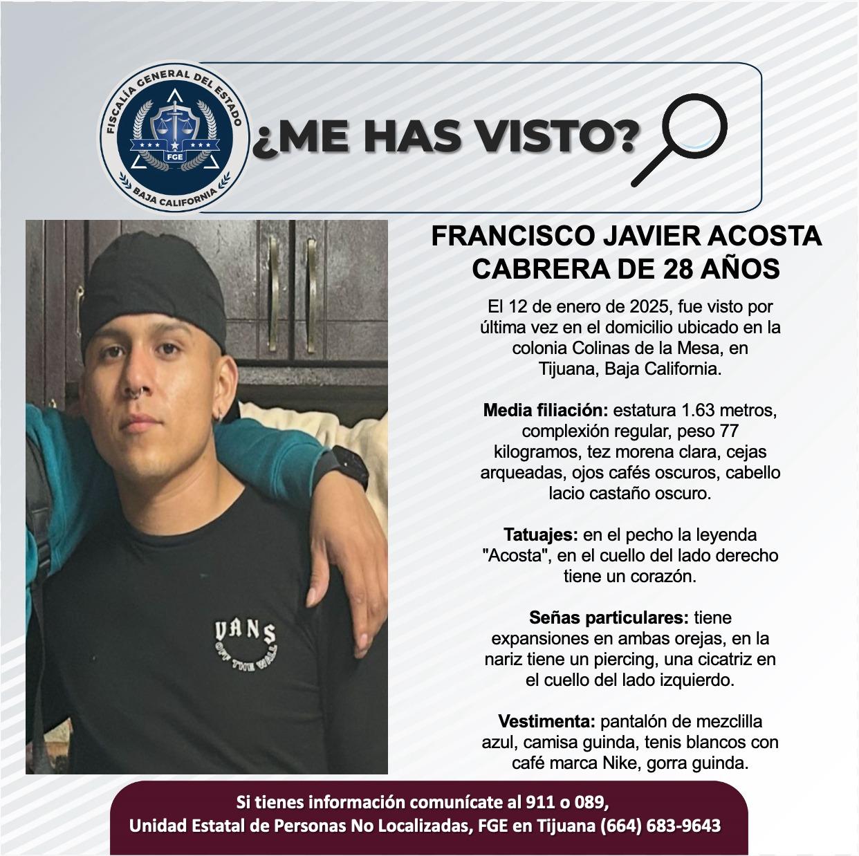 Servicio social: Se busca a Francisco Javier Acosta Cabrera de 28 años de edad.