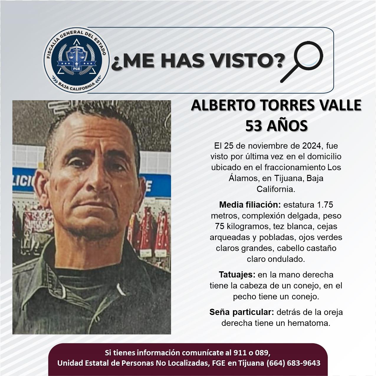 Servicio social: Se busca a Alberto Torres Valle de 53 años de edad