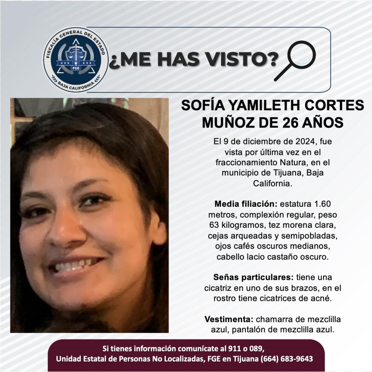 Servicio social: Se busca a Sofía Yamileth Cortes Muñoz de 26 años de edad.