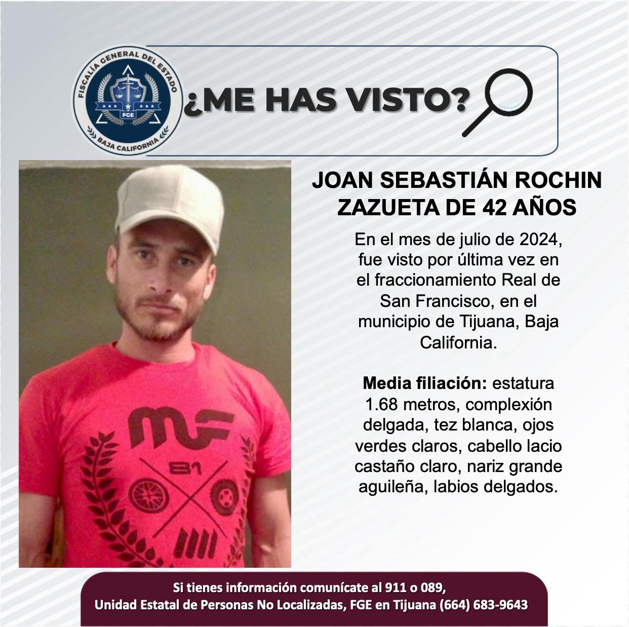 Servicio social: Se busca a Joan Sebastián Rochin Zazueta de 42 años de edad.