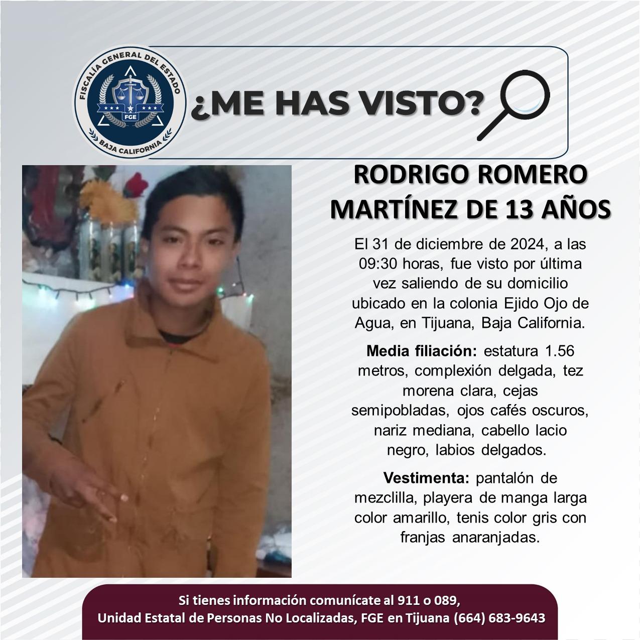 Servicio social: Se busca a Rodrigo Romero Martínez de 13 años de edad