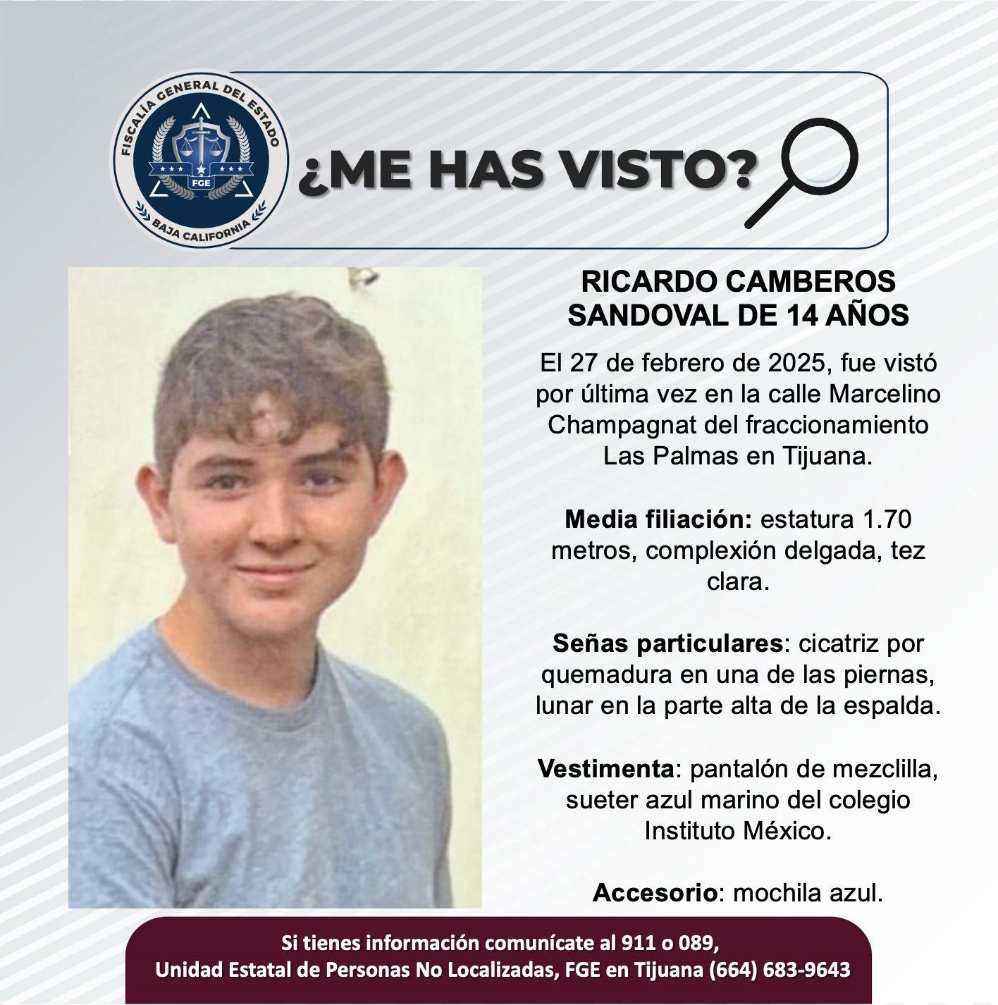 Servicio social: Se busca a Ricardo Camberos Sandoval de 14 años de edad
