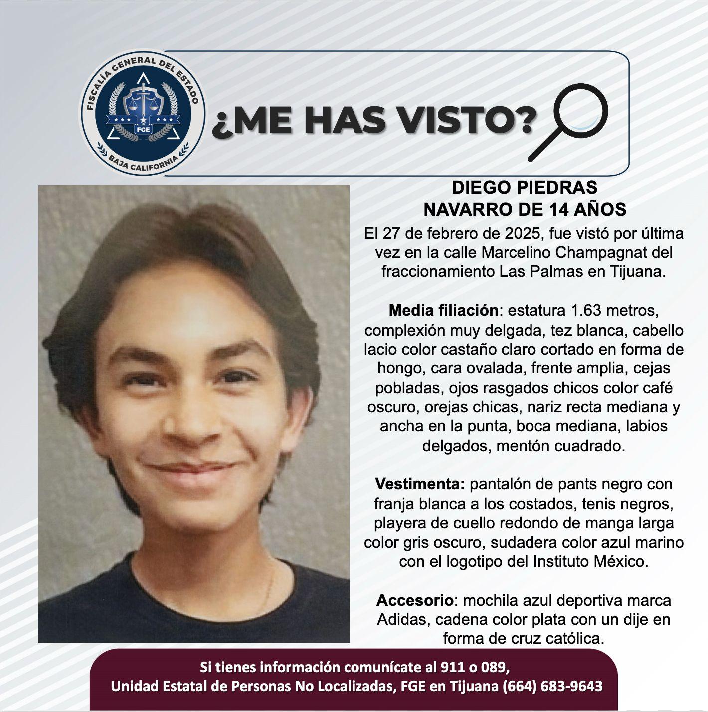 Servicio social: Se busca a Diego Piedras Navarro de 14 años de edad