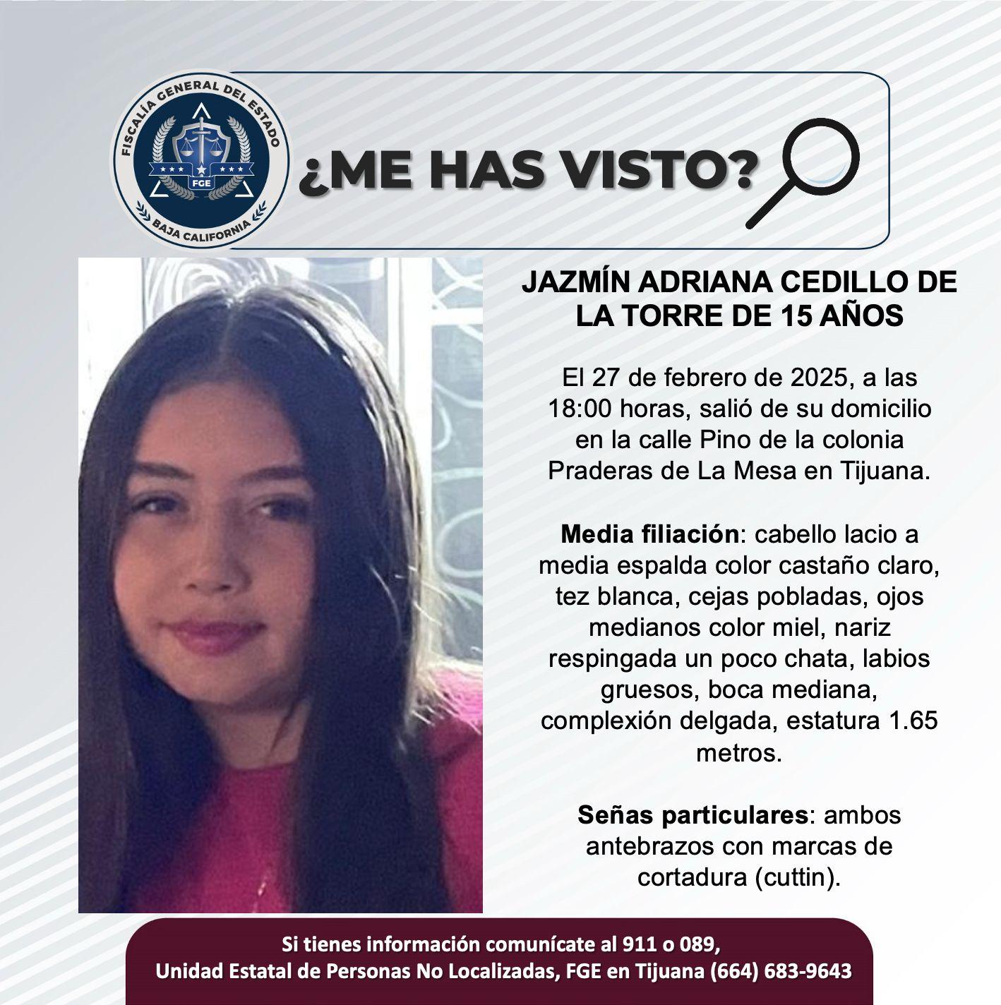 Servicio social: Se busca a Jazmín Adriana Cedillo de la Torre de 15 años de edad