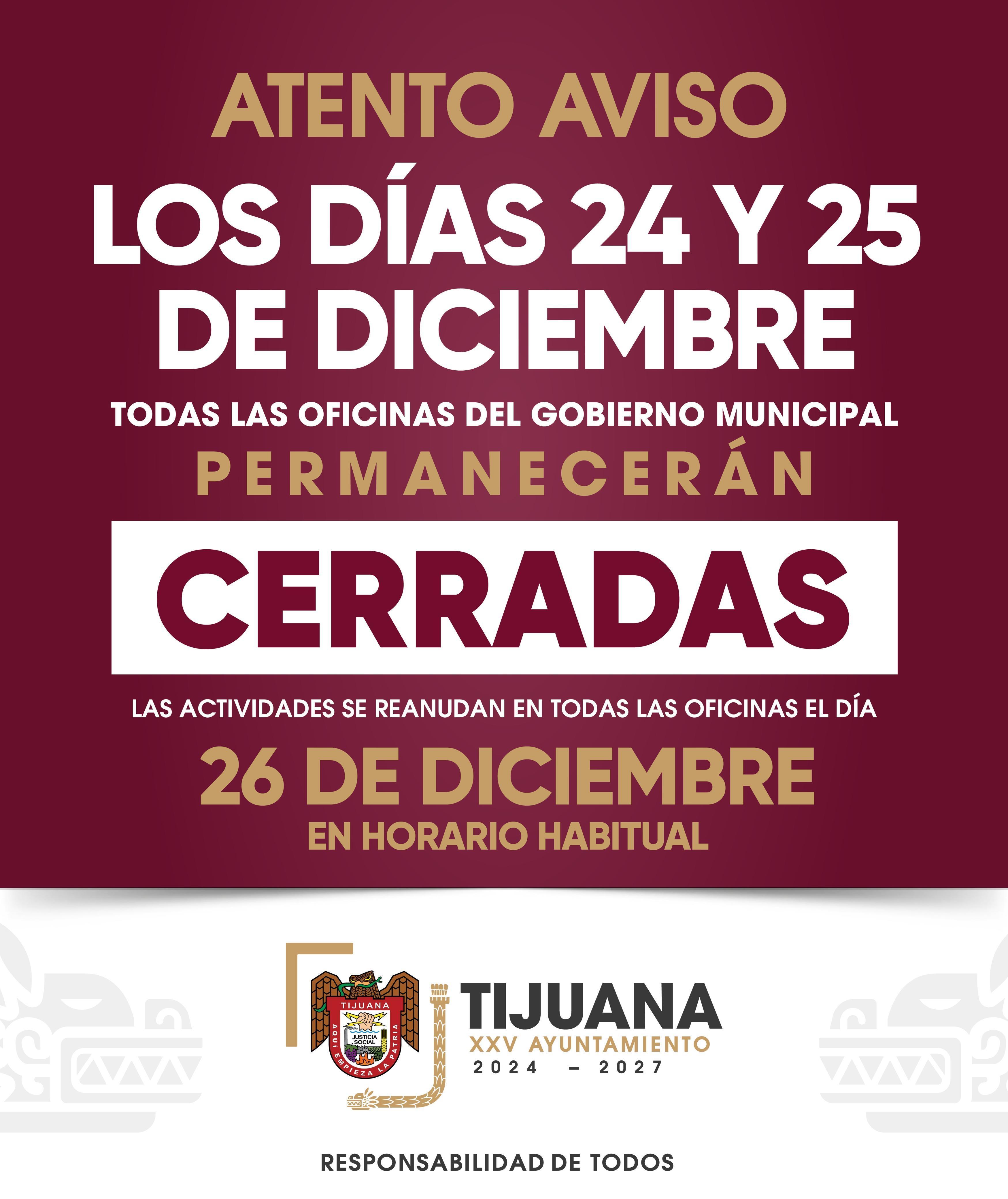 Serán 24 y 25 de diciembre días inhábiles para el personal que labora en el Gobierno Municipal