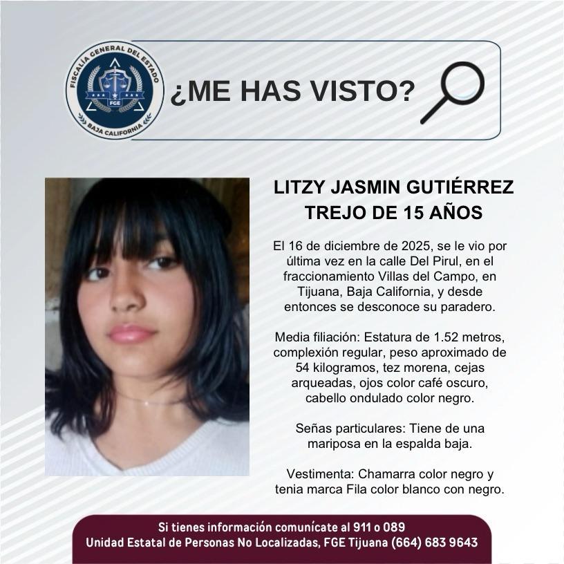Servicio social: Se busca a Litzy Jasmin Gutiérrez Trejo de 15 años