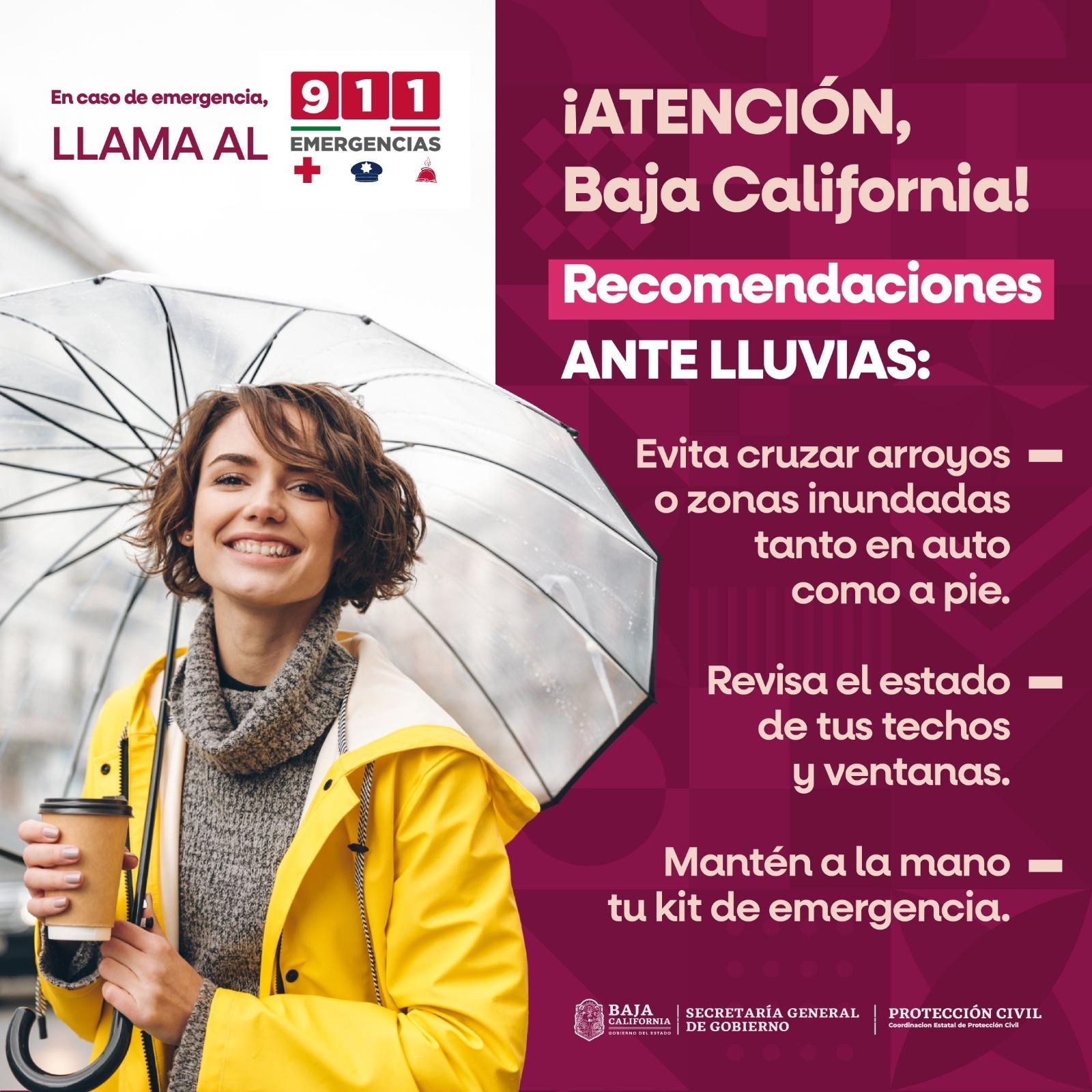 Alerta Protección Civil BC por probabilidad de lluvias fuertes a muy fuertes