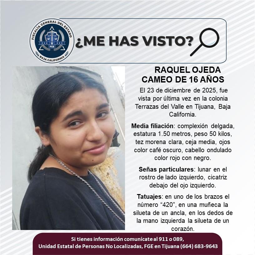 Servicio social: Se busca a Raquel Ojeda Cameo de 16 años