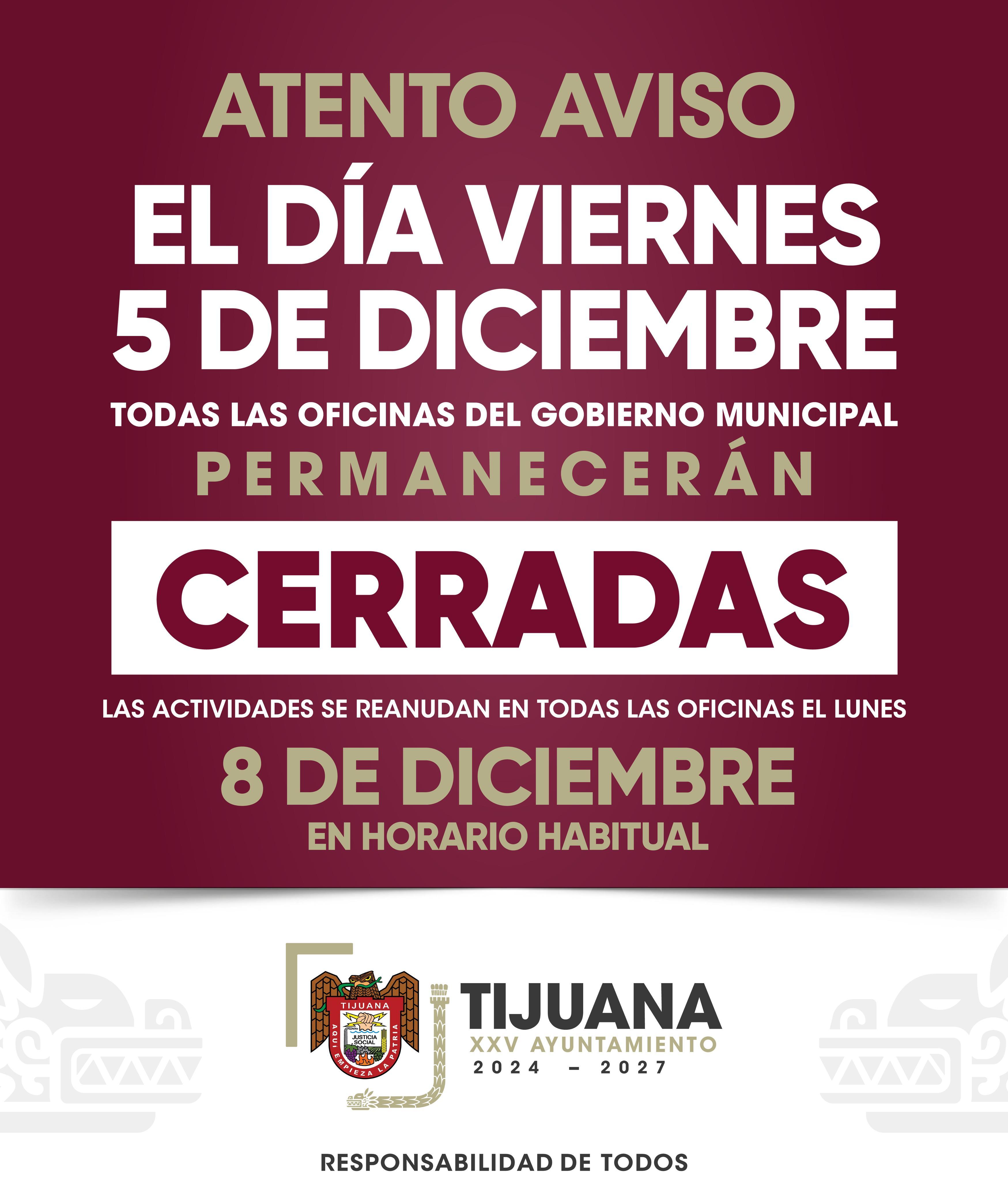 Será viernes 5 de diciembre día inhábil para el personal que labora en el Gobierno Municipal