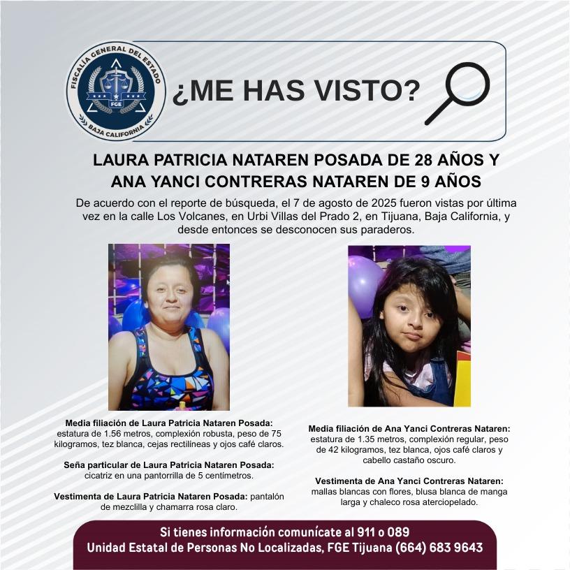 Servicio social: Se buscan a aura Patricia Nataren Posada, de 28 años de edad, y a Ana Yanci Contreras Nataren, de 9 años de edad